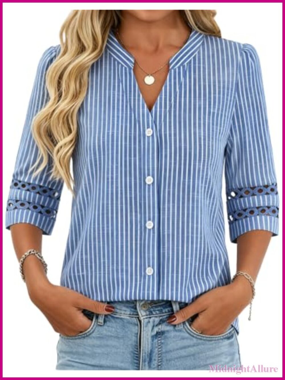 Women's 3/4 Sleeve V-Neck Button Down Blouse - Polyester Blend Business Casual